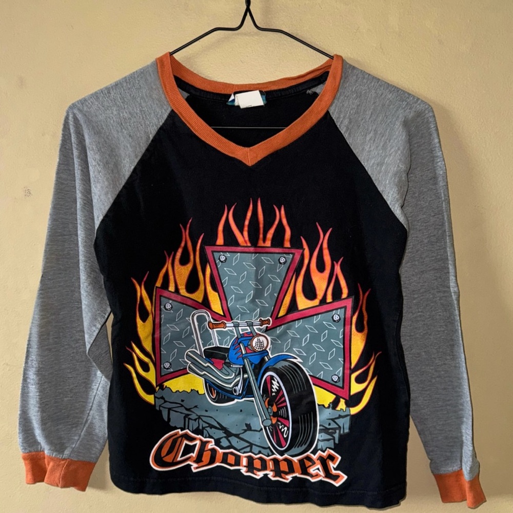 Vintage Y2K 2000s Chopper Iron Cross Flame Logo Longsleeve V-Neck T-Shirt